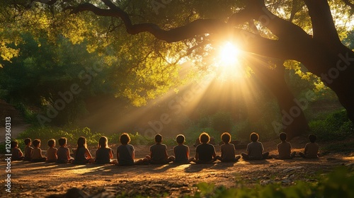 Group of Individuals Meditating in Nature Under Sunlight with Rays of Light Filtering Through Trees Creating a Peaceful and Tranquil Atmosphere