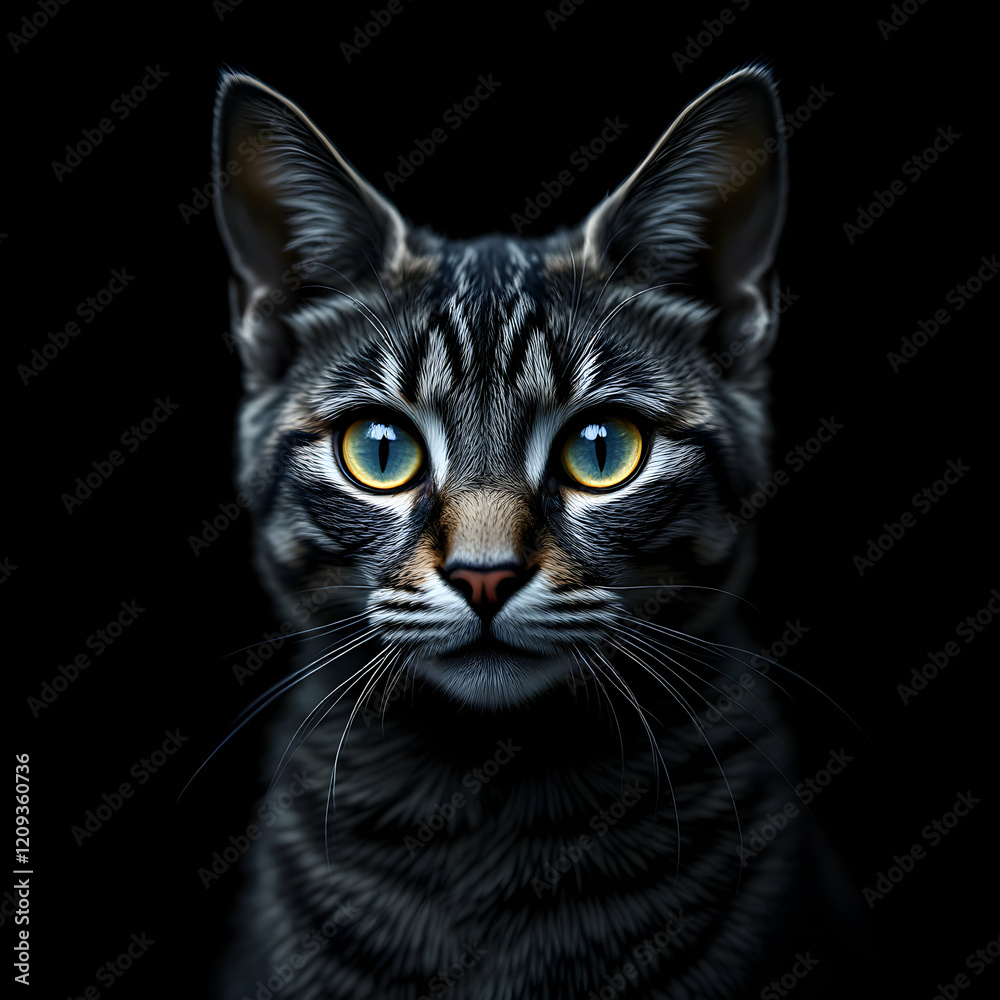 Striking Close-Up Portrait of a Majestic Cat with Captivating Eyes Against a Dark Background Striking Close-Up Portrait of a Majestic Cat with Captivating Eyes Against a Dark Background