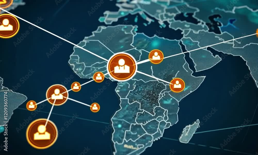 A smooth dolly-in movement towards a digital map, focusing on the intricate network of connections and data points displayed across various regions. The camera glides forward, generated with ai