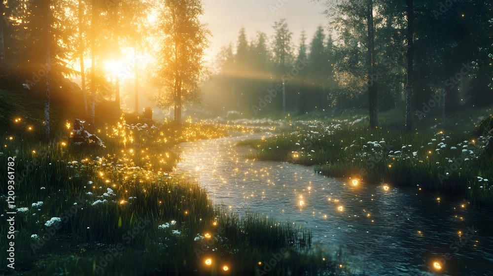 Obraz premium Glowing Mystical Valley with Sparkling Rivers at Sunset Surrounded by Lush Greenery and Flowers