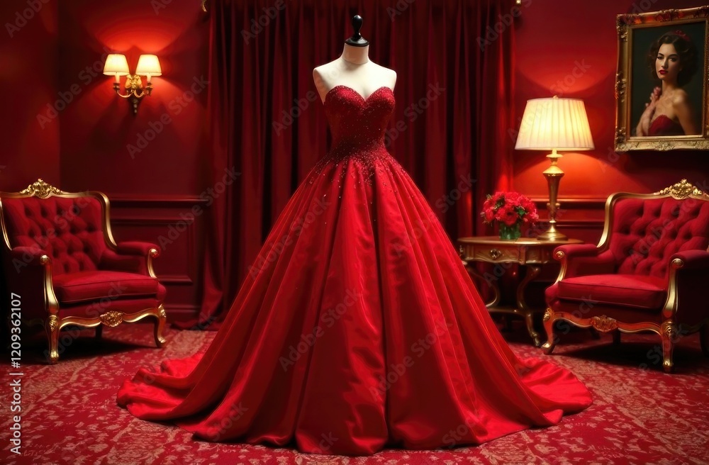 Obraz premium A stunning red ball gown is showcased in an opulent room filled with rich fabrics and vintage furnishings