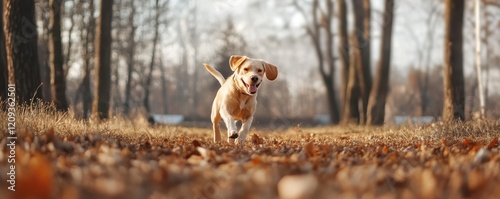 Dog playtime routines concept Golden retriever puppy running joyfully through autumn leaves.