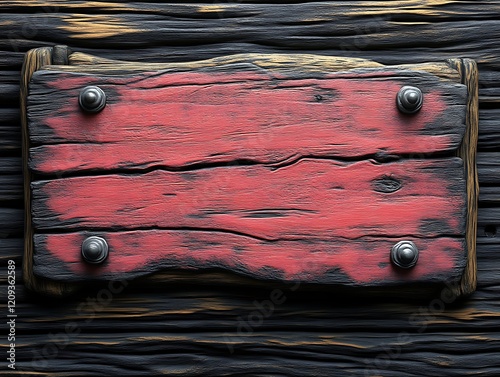 Red painted rustic wooden sign on dark wood. photo