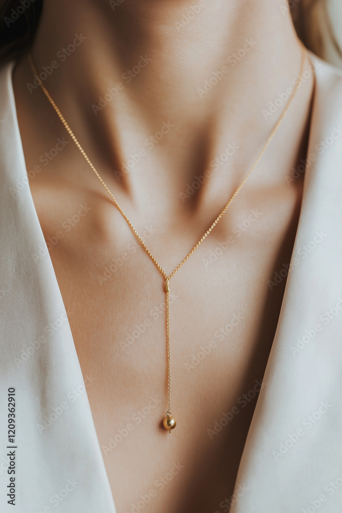 An exquisite golden bead necklace resting elegantly against a soft beige fabric. The design features a series of small, lustrous gold beads strung along a delicate chain, sophistication, simplicity
