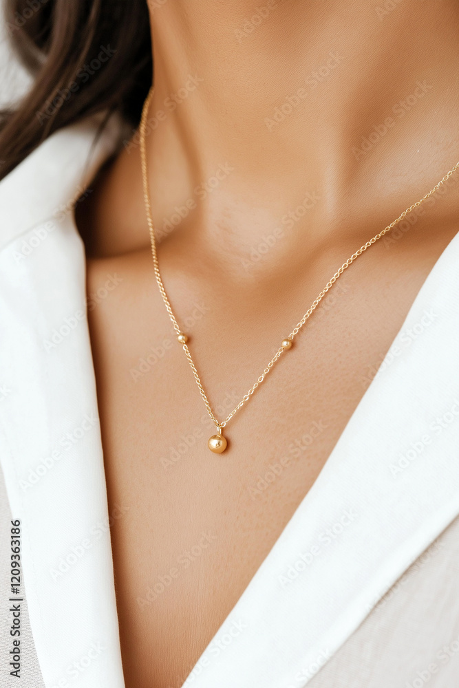 An exquisite golden bead necklace resting elegantly against a soft beige fabric. The design features a series of small, lustrous gold beads strung along a delicate chain, sophistication, simplicity An exquisite golden bead necklace resting elegantly against a soft beige fabric. The design features a series of small, lustrous gold beads strung along a delicate chain, sophistication, simplicity
