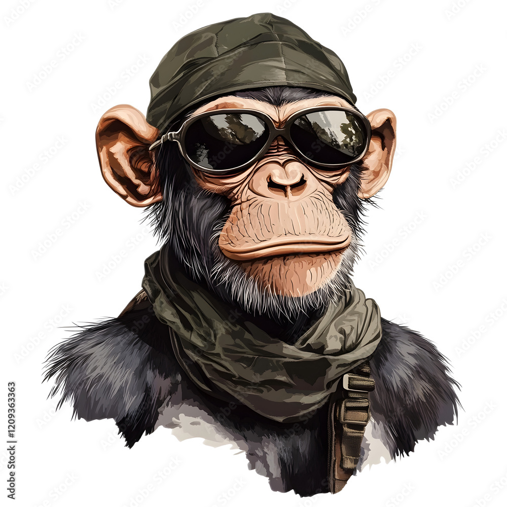 Fearless Primate Warrior Equipped for Jungle Covert in Tactical Camo Gear Fearless Primate Warrior Equipped for Jungle Covert in Tactical Camo Gear