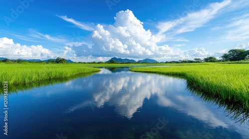 Calm river winding through a vibrant green field under a blue sky with fluffy clouds reflecting in the water.