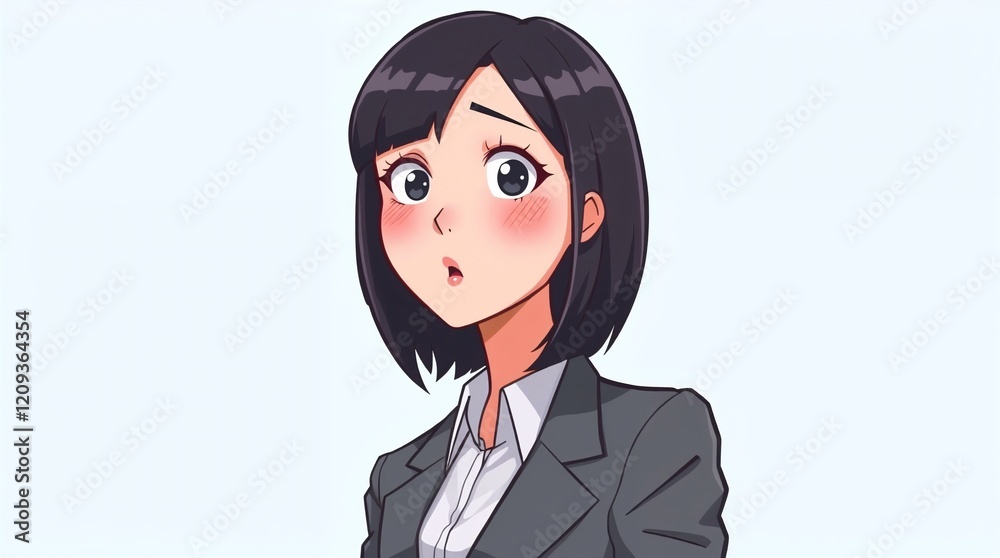 An illustration of a professional woman in formal attire showing a surprised expression. Ideal for concepts of business emotions, office scenarios, or formal character design. An illustration of a professional woman in formal attire showing a surprised expression. Ideal for concepts of business emotions, office scenarios, or formal character design.