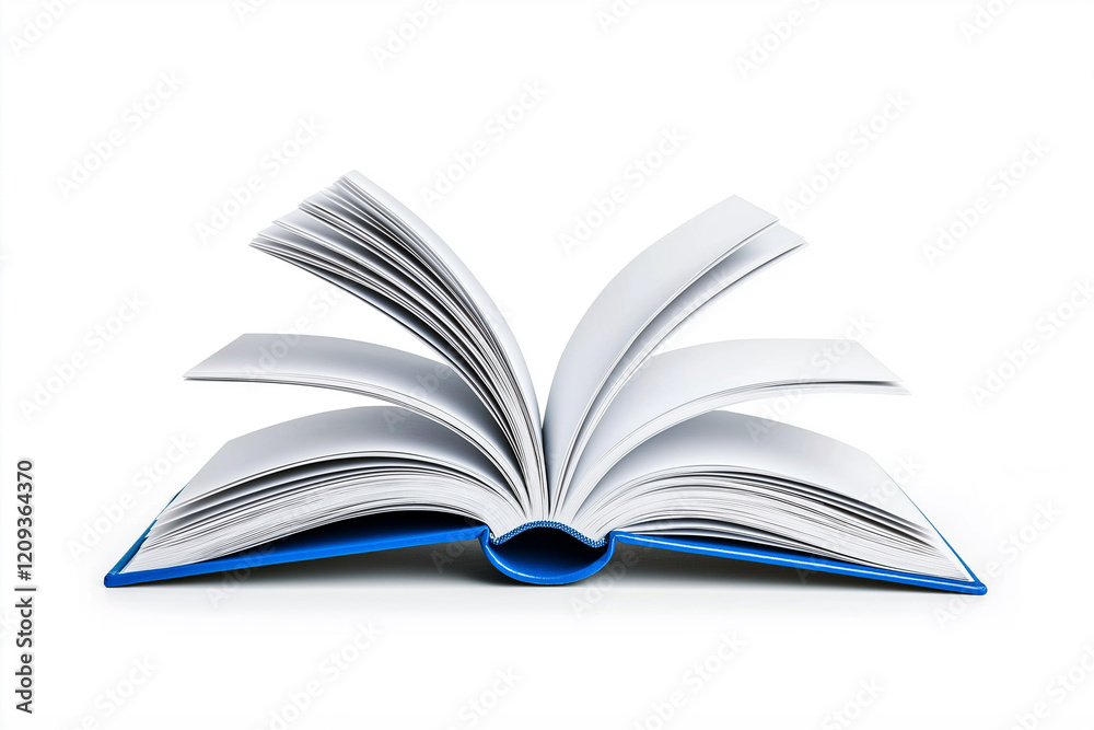 Open book with white pages and blue cover isolated on clean white background. Educational and artistic themes Open book with white pages and blue cover isolated on clean white background. Educational and artistic themes