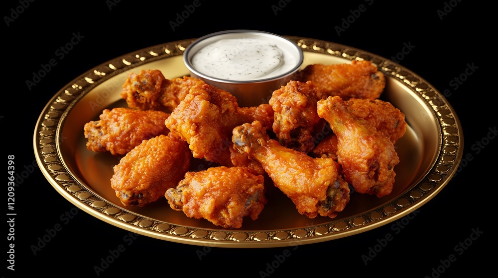 Crispy Golden Fried Chicken Wings Served on Elegant Plate with Dipping Sauce Crispy Golden Fried Chicken Wings Served on Elegant Plate with Dipping Sauce