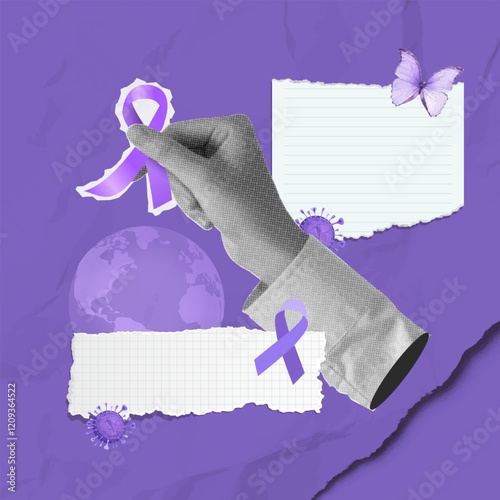 Hand placing purple ribbon on Earth for World Cancer Day awareness on February 4th, vector illustration