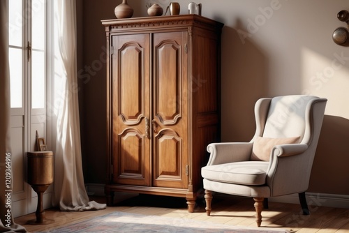 A room interior with wooden furniture featuring brown wardrobe and armchair photo