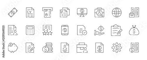 Line icons set representing business essentials and finance concepts. Vector icon