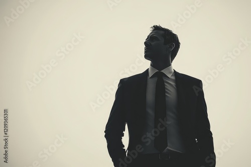 caucasian businessman in classic suit looks up, copy space, monochrome image photo