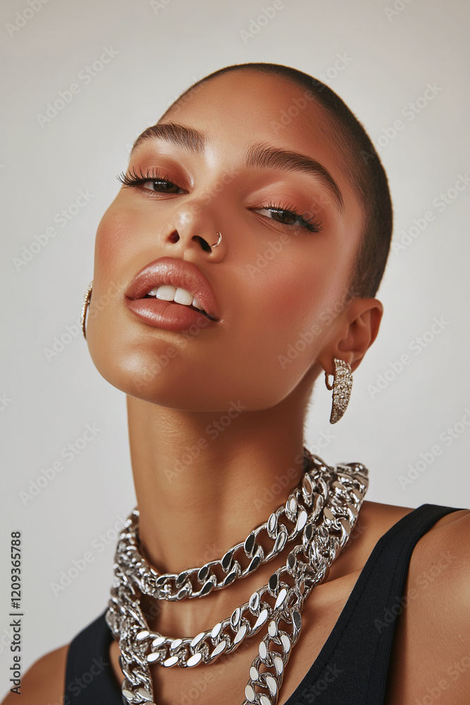 A close-up of a young woman confidently wearing bold silver chain necklaces and earrings showcasing modern and stylish fashion, striking features with elegance and charm. Studio fashion shot A close-up of a young woman confidently wearing bold silver chain necklaces and earrings showcasing modern and stylish fashion, striking features with elegance and charm. Studio fashion shot