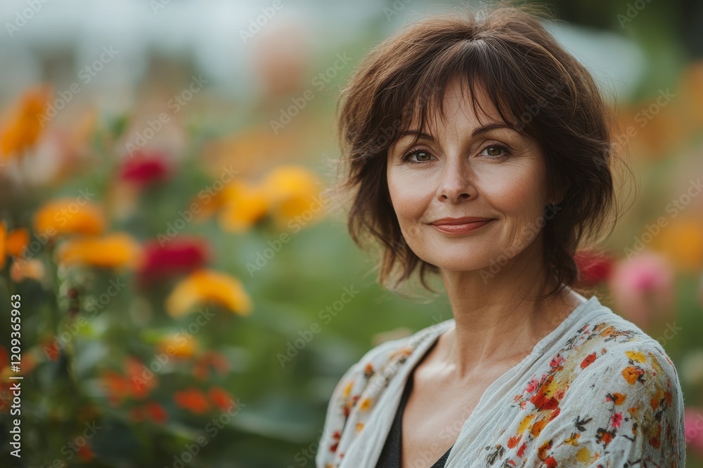 Authentic portrait of beautiful adult woman 50 years old in the background of flowers Authentic portrait of beautiful adult woman 50 years old in the background of flowers