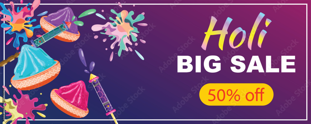 Obraz premium Festive Holi banner featuring colorful Pichkari splashes, vibrant powders, and Holi Sale text, perfect for promotions