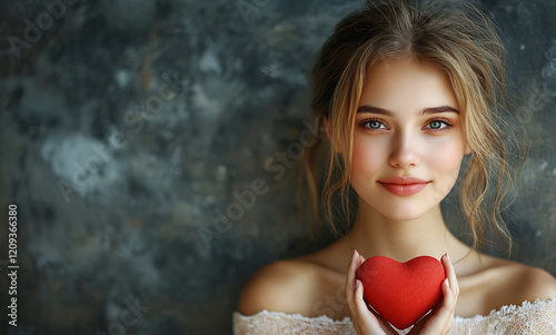 Heartfelt connection woman holding heart studio setting portrait photography emotional focus