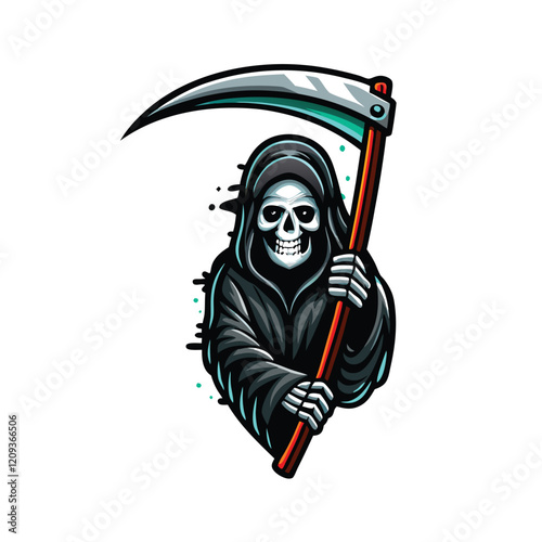 A menacing, skeletal Grim Reaper shrouded in darkness, wielding a large, sharp scythe. The image evokes a sense of fear and mortality.