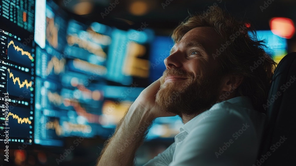 A focused trader smiles in front of multiple screens displaying financial data, capturing the excitement of market analysis and successful trading. A focused trader smiles in front of multiple screens displaying financial data, capturing the excitement of market analysis and successful trading.