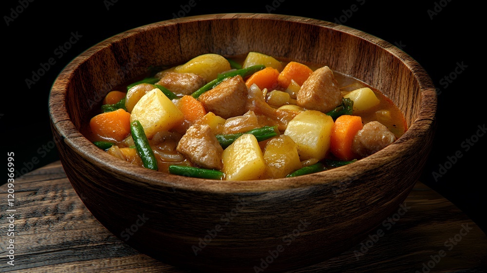 Hearty Vegetable Stew in a Wooden Bowl with Potatoes, Carrots, and Green Beans for Comforting Meal Hearty Vegetable Stew in a Wooden Bowl with Potatoes, Carrots, and Green Beans for Comforting Meal
