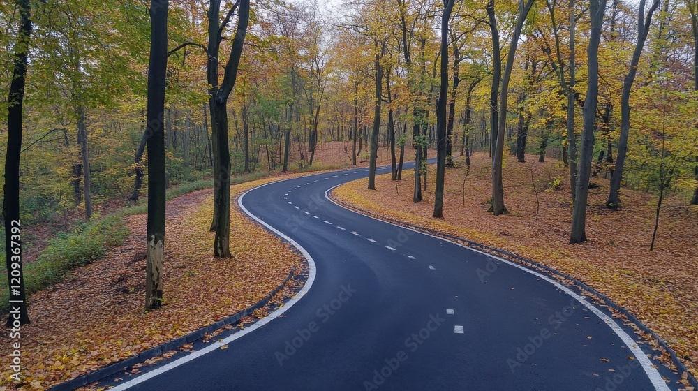 Fototapeta premium A winding road through a colorful autumn forest with vibrant foliage.