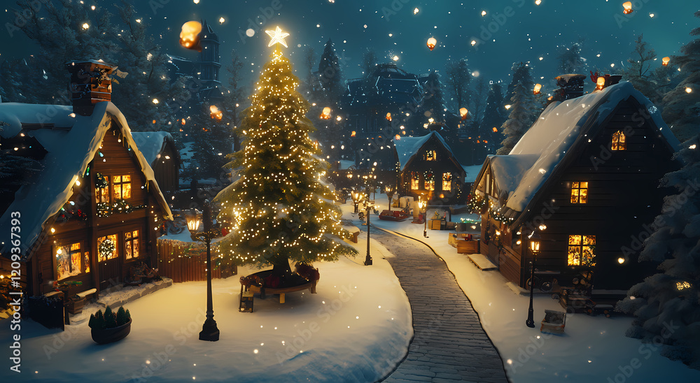 Fototapeta premium A Christmas tree stands in the center of a cozy village, surrounded by wooden houses decorated for the holiday season