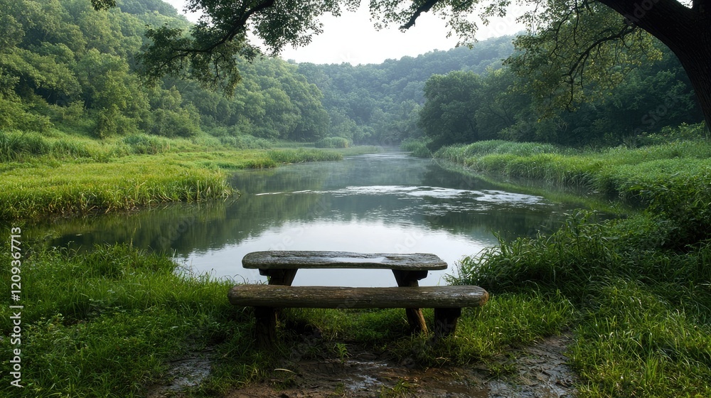 Serene riverbank bench, misty morning, lush valley. Peaceful nature scene, ideal for relaxation