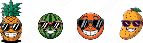 a playful collection of cartoon fruit characters, each adorned with stylish sunglasses and broad, cheerful grins.