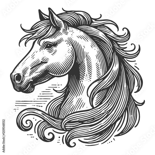 horse head with flowing mane, featuring intricate engraved details and graceful design sketch engraving generative ai vector illustration. Scratch board imitation. Black and white image. photo