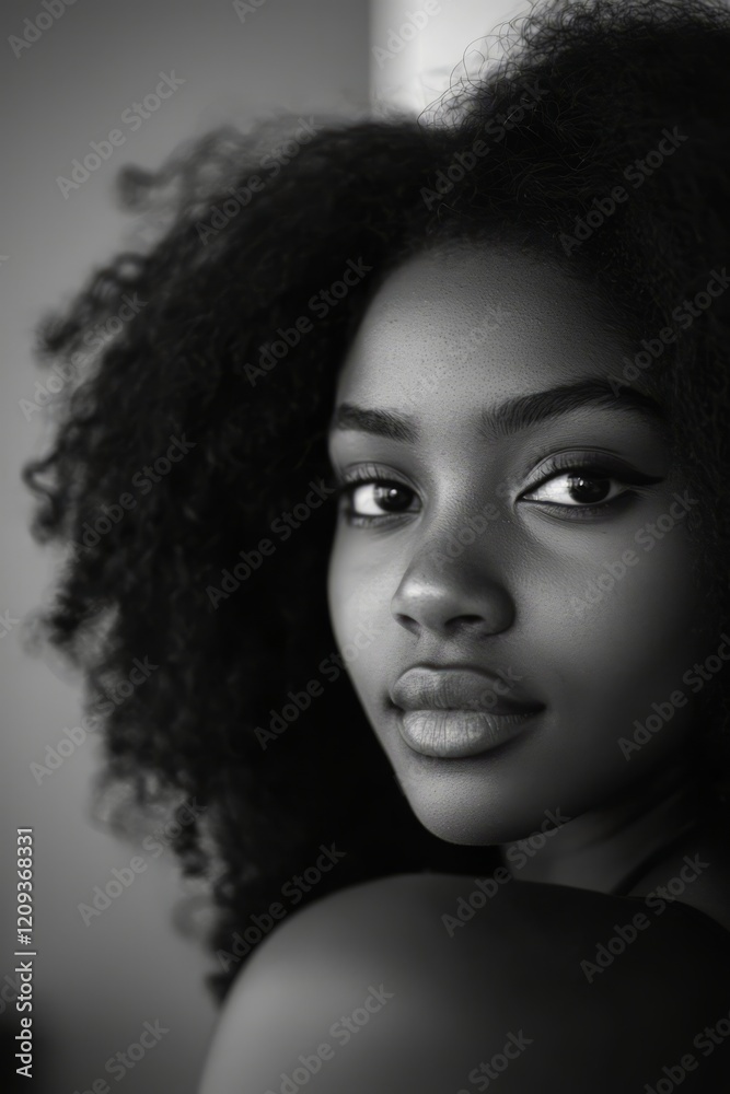 Fototapeta premium A black-and-white portrait of a young Black woman with natur, Generative AI