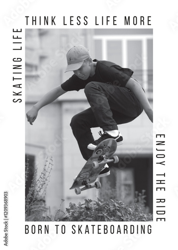 Teenage Caucasian boy Skateboarding Mid Air in Dynamic pose.
