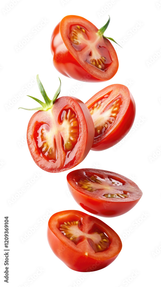 Fototapeta premium flying tomato slices isolated on transparent white background, clipping path