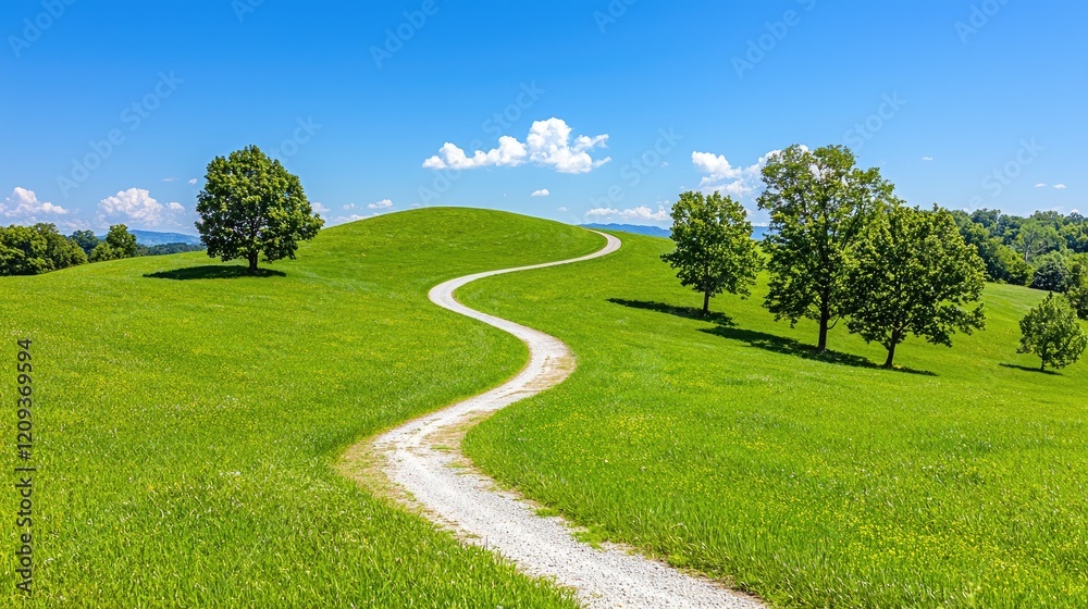 Winding path through green hills on sunny day. Ideal for travel brochures Winding path through green hills on sunny day. Ideal for travel brochures