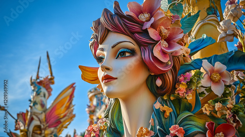 Beautiful Las Fallas statues with mythological and modern art themes, decorated with bright colors and artistic details, Ai generated images