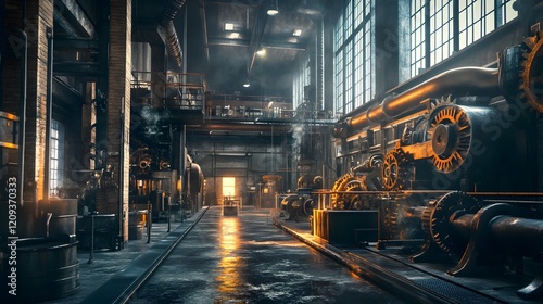 Industrial Factory Interior with Gears, Machines, and Natural Light Streaming Through Windows
