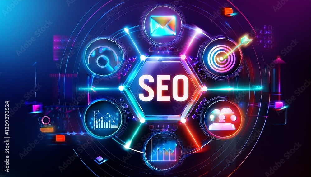 Obraz premium A digital marketing concept with vibrant icons representing SEO, social media, and analytics, symbolizing the modern approach to online marketing. 