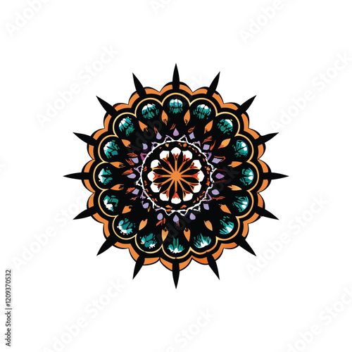 Generate a vibrant kaleidoscopic mandala, bursting with colors, intricate patterns, and radiating outwards from a central point.