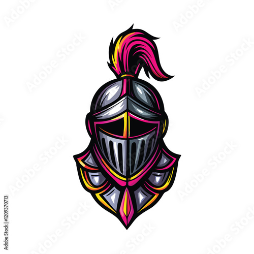 A knight's helmet with vibrant neon accents, symbolizing the clash of tradition and modernity.