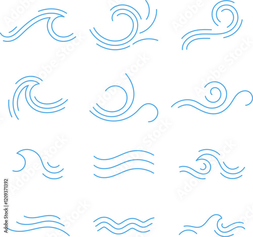 Ocean, sea waves flat simple lines icons symbols vector set - Blue line wave ornament