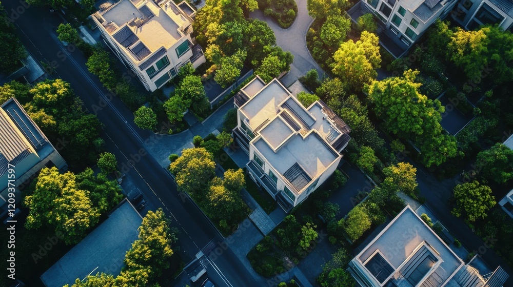 Obraz premium Modern Homes Nestled Among Green Trees Create a Serene Urban Oasis with Sustainable Living in Quiet Neighborhood.