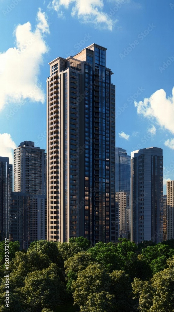 Modern Skyscraper Stands Tall amidst Green Canopy and City Skyline, Urban Architecture Meets Nature's Embrace. Modern Skyscraper Stands Tall amidst Green Canopy and City Skyline, Urban Architecture Meets Nature's Embrace.