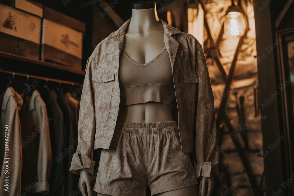 Fototapeta premium Stylish Mannequin Displaying Neutral Toned Fashion in a Chic Boutique Setting