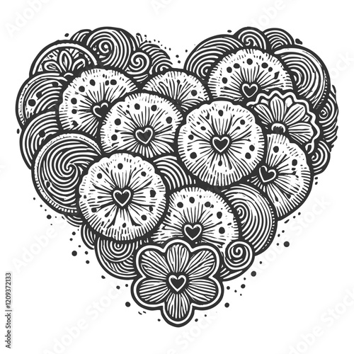 heart composed of various cookies with intricate love-themed patterns, symbolizing sweetness, love, and creativity sketch engraving generative ai vector illustration. Scratch board. Black and white.