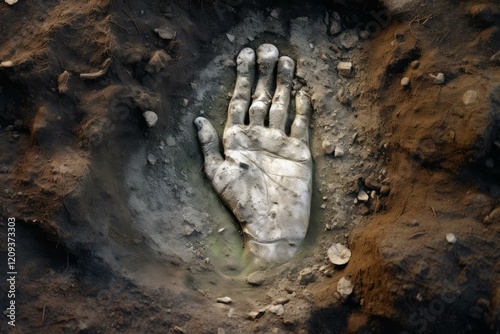 Fossilized hand emerging from the ground, suggesting ancient civilizations and paleontological discoveries photo