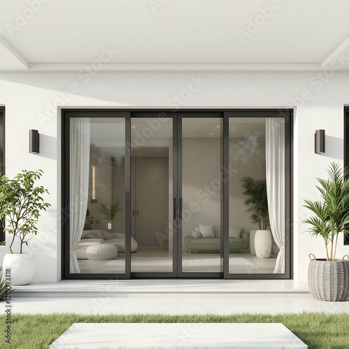 Modern Architectural Design Featuring Large Glass Doors and Lush Greenery in Tranquil Setting