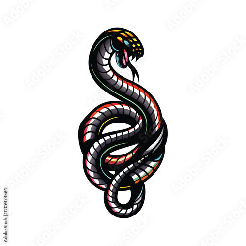 A sleek, metallic serpent with a futuristic design, illuminated by vibrant neon lights.