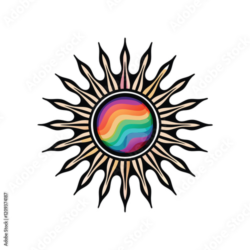 A vibrant, abstract sun with a multicolored gradient, radiating light rays in all directions.