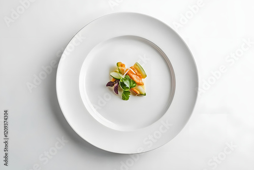 Minimalist gourmet dish on white plate, top view, fine dining