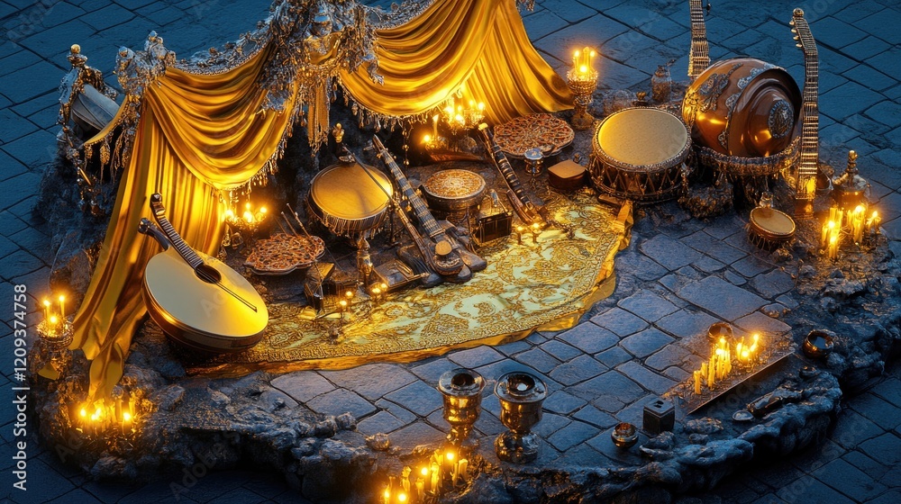 Obraz premium Fantasy musical stage, instruments, candles, night, stone floor, game asset